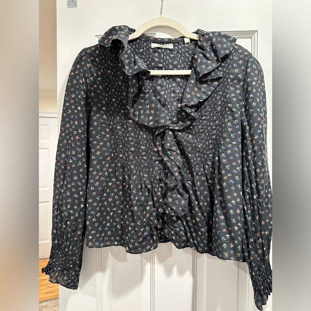 Doen Floral Hardy Ruffle Pleated Black Cotton Blouse